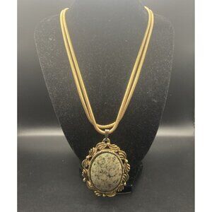 Vintage Sarah Coventry Mirror Pendant Jasper Stone Cabochon 36" Snake Chain
